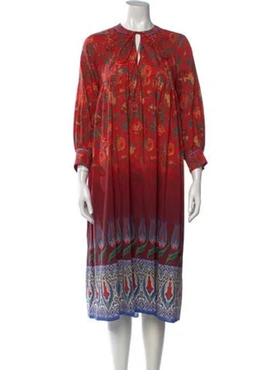 Pre-owned Warm Floral Print Midi Length Dress In Red