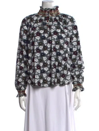 Pre-owned Warm Floral Print Mock Neck Blouse In Black