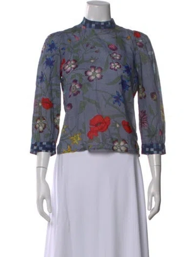 Pre-owned Warm Floral Print Mock Neck Blouse In Blue