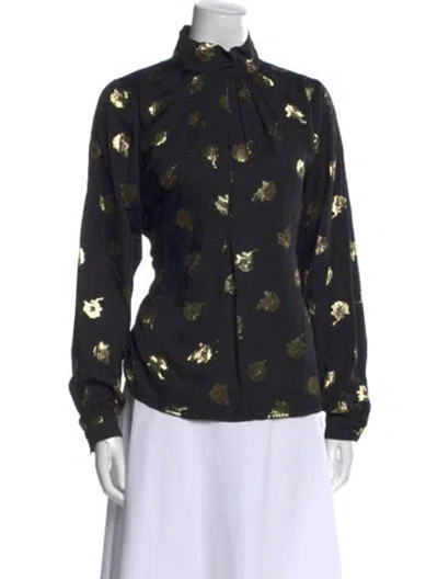 Pre-owned Warm Floral Print Mock Neck Button-up Top In Black