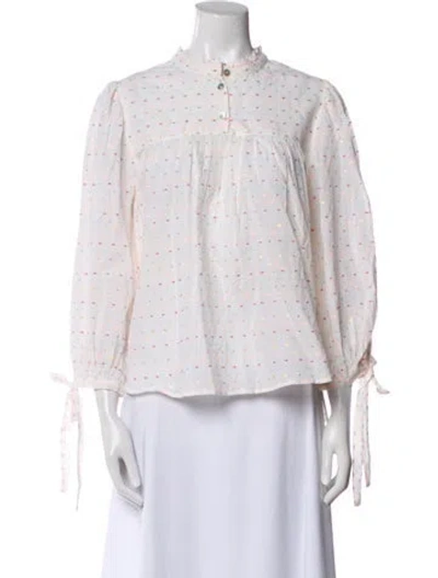 Pre-owned Warm Floral Print Mock Neck Button-up Top In White