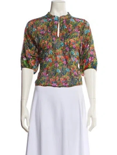 Pre-owned Warm Floral Print Mock Neck Crop Top In Blue