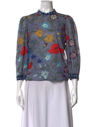 Pre-owned Warm Floral Print Mock Neck Top In Blue