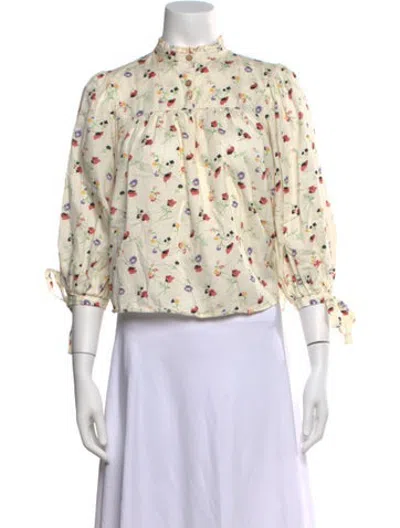 Pre-owned Warm Floral Print Mock Neck Top In Neutrals