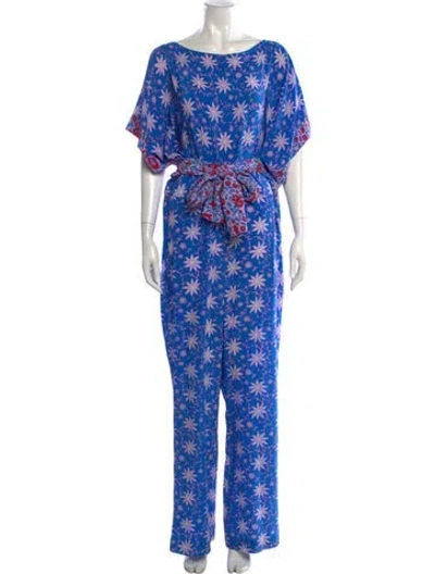 Pre-owned Warm Floral Print Scoop Neck Jumpsuit In Blue