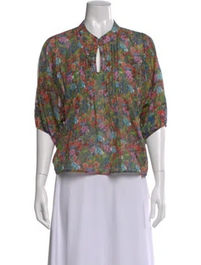 Pre-owned Warm Floral Print Short Sleeve Blouse In Blue