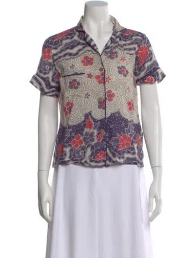Pre-owned Warm Floral Print Short Sleeve Button-up Top In White