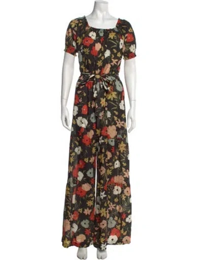 Pre-owned Warm Floral Print Square Neckline Jumpsuit In Black