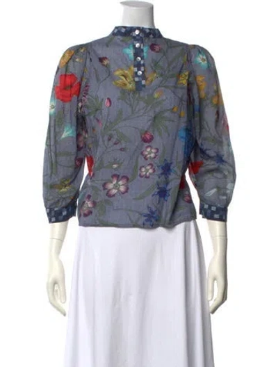 Pre-owned Warm Floral Print Three-quarter Sleeve Blouse In Blue