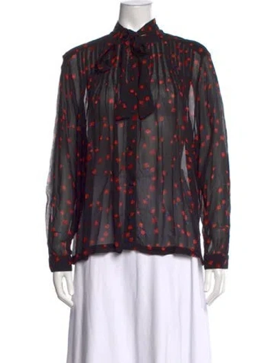 Pre-owned Warm Floral Print Tie Neck Blouse In Black