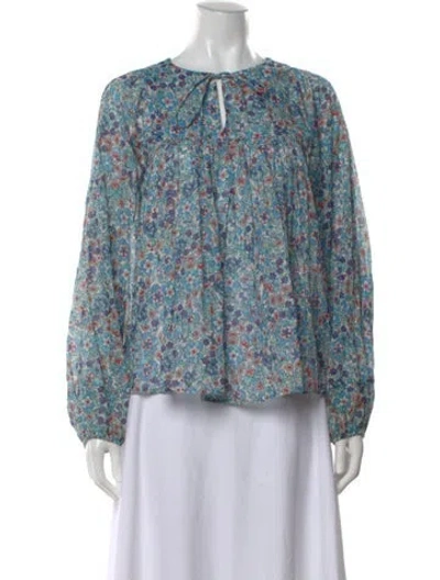 Pre-owned Warm Floral Print Tie Neck Blouse In Blue