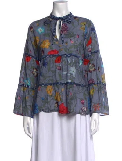Pre-owned Warm Floral Print Tie Neck Blouse In Blue