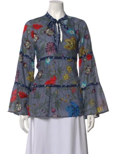 Pre-owned Warm Floral Print Tie Neck Blouse In Blue