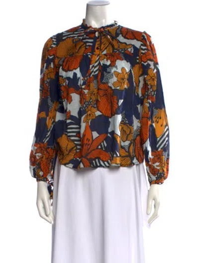 Pre-owned Warm Floral Print Tie Neck Blouse In Blue