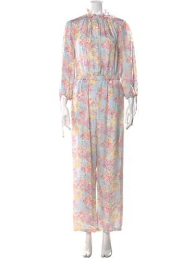 Pre-owned Warm Floral Print Tie Neck Jumpsuit In White