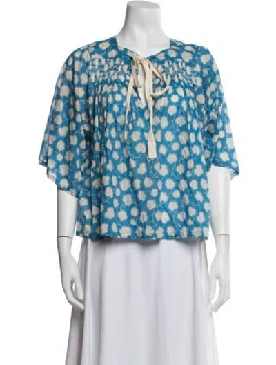 Pre-owned Warm Floral Print Tie Neck Top In Blue