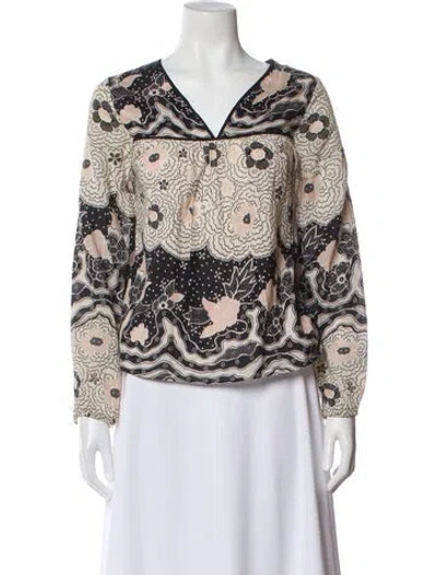 Pre-owned Warm Floral Print V-neck Blouse In Neutral