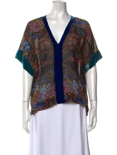 Pre-owned Warm Floral Print V-neck Top In Blue