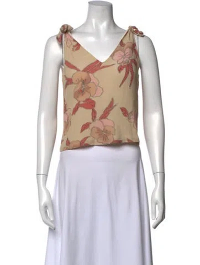 Pre-owned Warm Floral Print V-neck Top In Neutral
