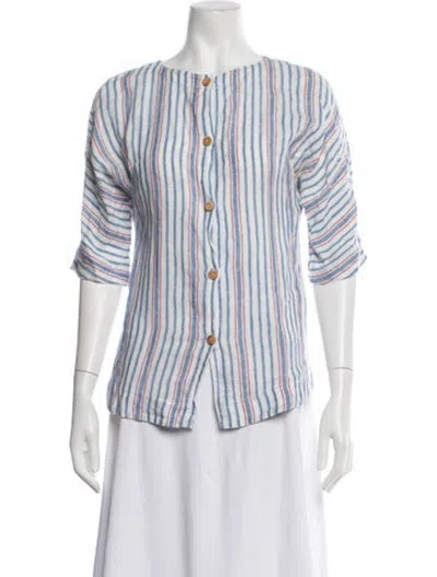 Pre-owned Warm Linen Striped Button-up Top In Blue