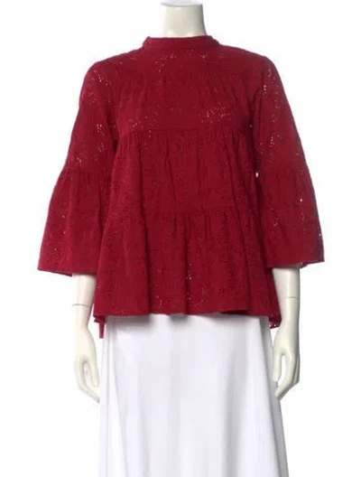 Pre-owned Warm Mock Neck Three-quarter Sleeve Blouse In Burgundy
