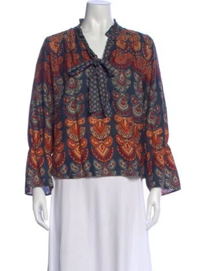 Pre-owned Warm Paisley Print Tie Neck Blouse In Blue