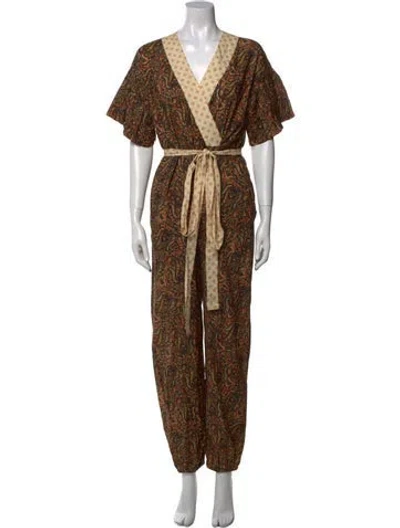 Pre-owned Warm Paisley Print V-neck Jumpsuit W/ Tags In Neutral