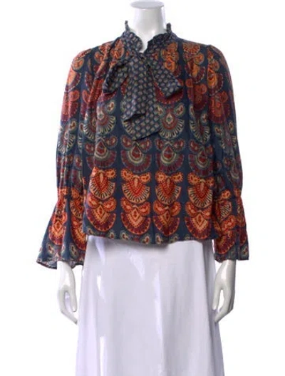 Pre-owned Warm Patterned Tie Neck Blouse In Multi