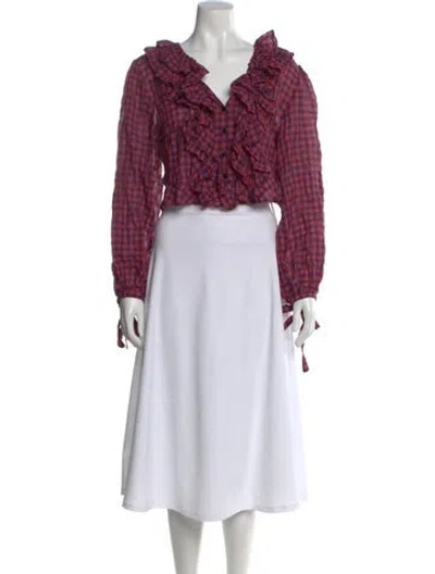 Pre-owned Warm Plaid Print V-neck Blouse In Red