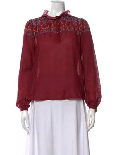 Pre-owned Warm Printed Long Sleeve Blouse In Burgundy