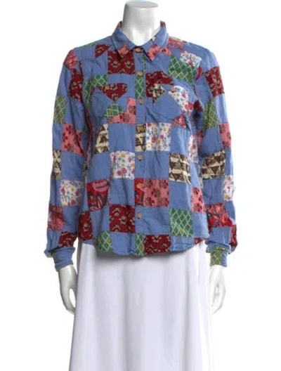 Pre-owned Warm Printed Long Sleeve Button-up Top In Blue