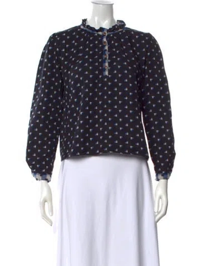 Pre-owned Warm Printed Mock Neck Blouse In Blue