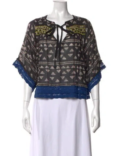 Pre-owned Warm Printed Tie Neck Top In Black
