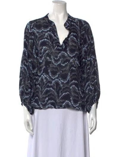 Pre-owned Warm Printed V-neck Blouse In Blue