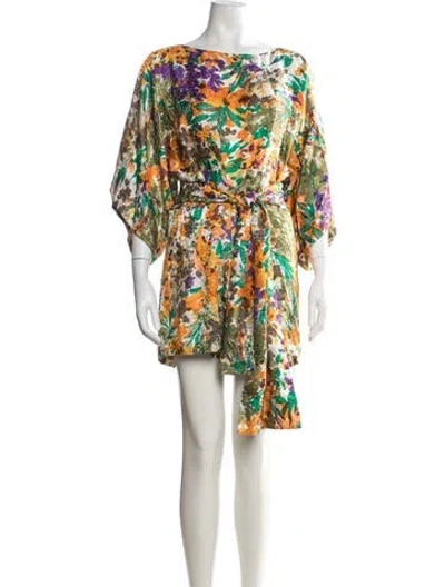 Pre-owned Warm Satin Floral Print Jumpsuit In Green