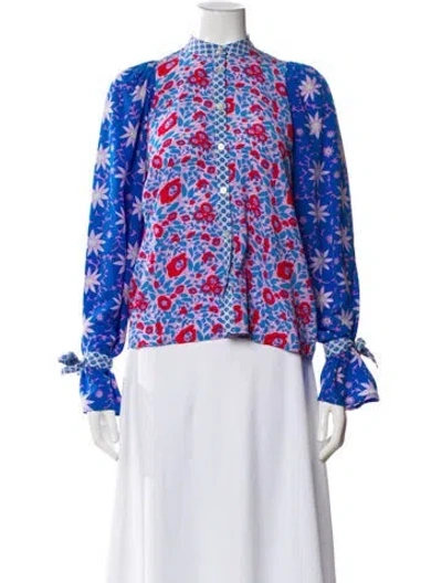 Pre-owned Warm Silk Floral Print Blouse In Blue