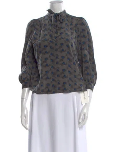 Pre-owned Warm Silk Floral Print Blouse In Gray