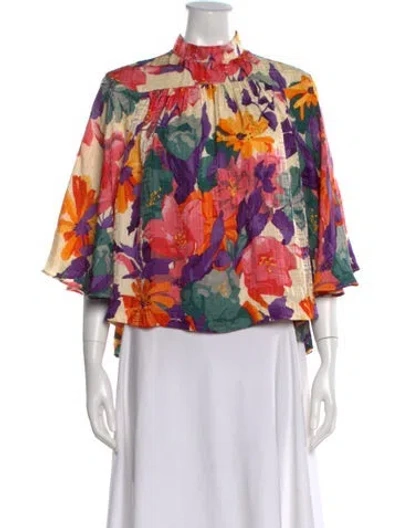 Pre-owned Warm Silk Floral Print Blouse In Neutral