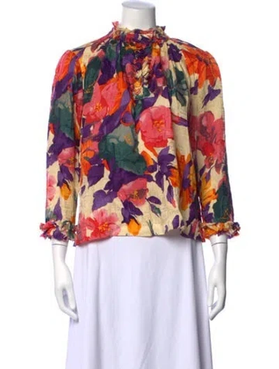 Pre-owned Warm Silk Floral Print Blouse In Neutrals/orange