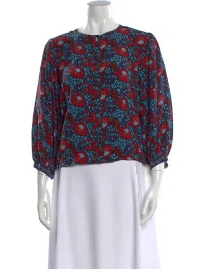 Pre-owned Warm Silk Floral Print Blouse In Red
