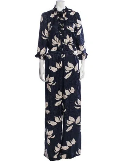 Pre-owned Warm Silk Floral Print Jumpsuit In Blue