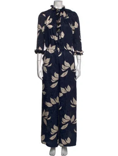 Pre-owned Warm Silk Floral Print Jumpsuit In Blue