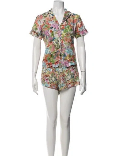 Pre-owned Warm Silk Floral Print Short Set In Green