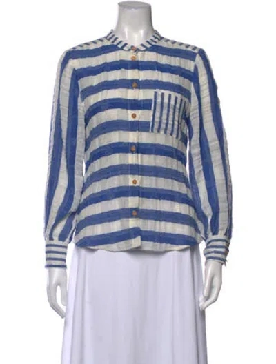 Pre-owned Warm Striped Long Sleeve Button-up Top In Blue