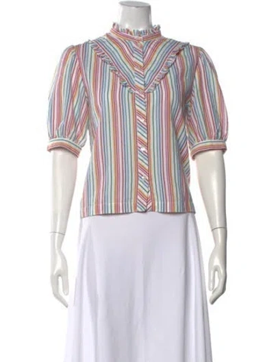 Pre-owned Warm Striped Short Sleeve Blouse In White