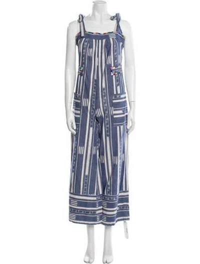 Pre-owned Warm Striped Square Neckline Jumpsuit In Blue