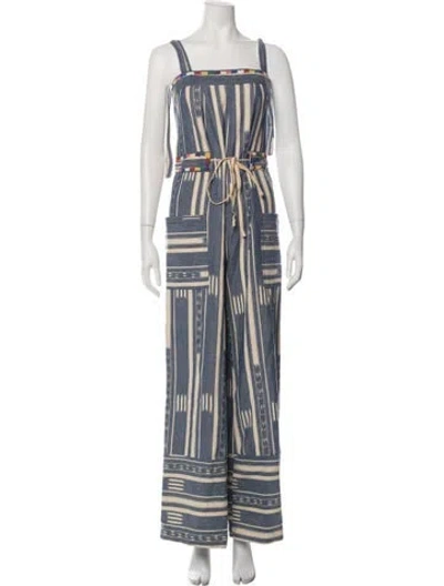 Pre-owned Warm Striped Square Neckline Jumpsuit In Blue