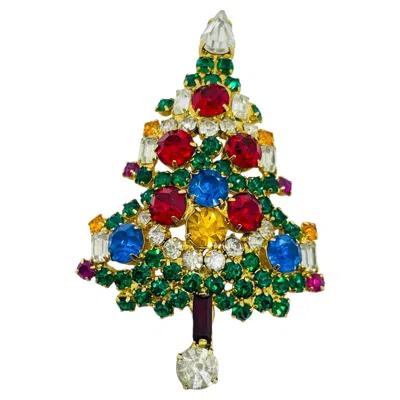 Pre-owned Warner Signed Vintage Gold Tone Jewel Rhinestone Christmas Tree Designer Brooch In Multi