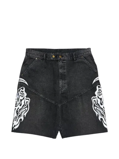 Warren Lotas Embroidered Reaper Logo Moto Denim Shorts In Black