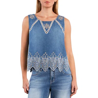 Wash Lab Denim Alison Embroidered Eyelet Top In Blue